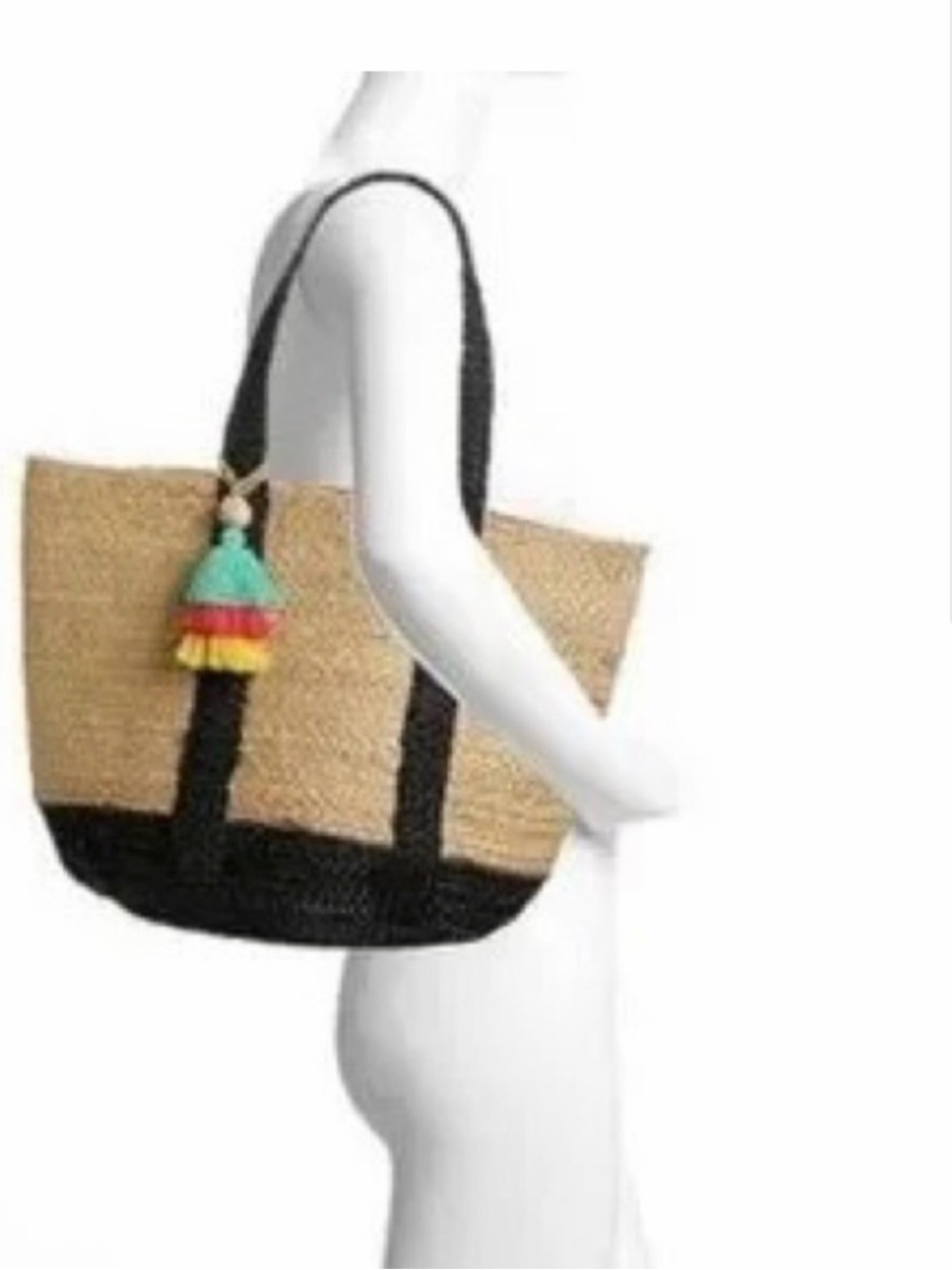 Shiraleah Natural Straw Tote with Black Trim and Multicolor Tassel